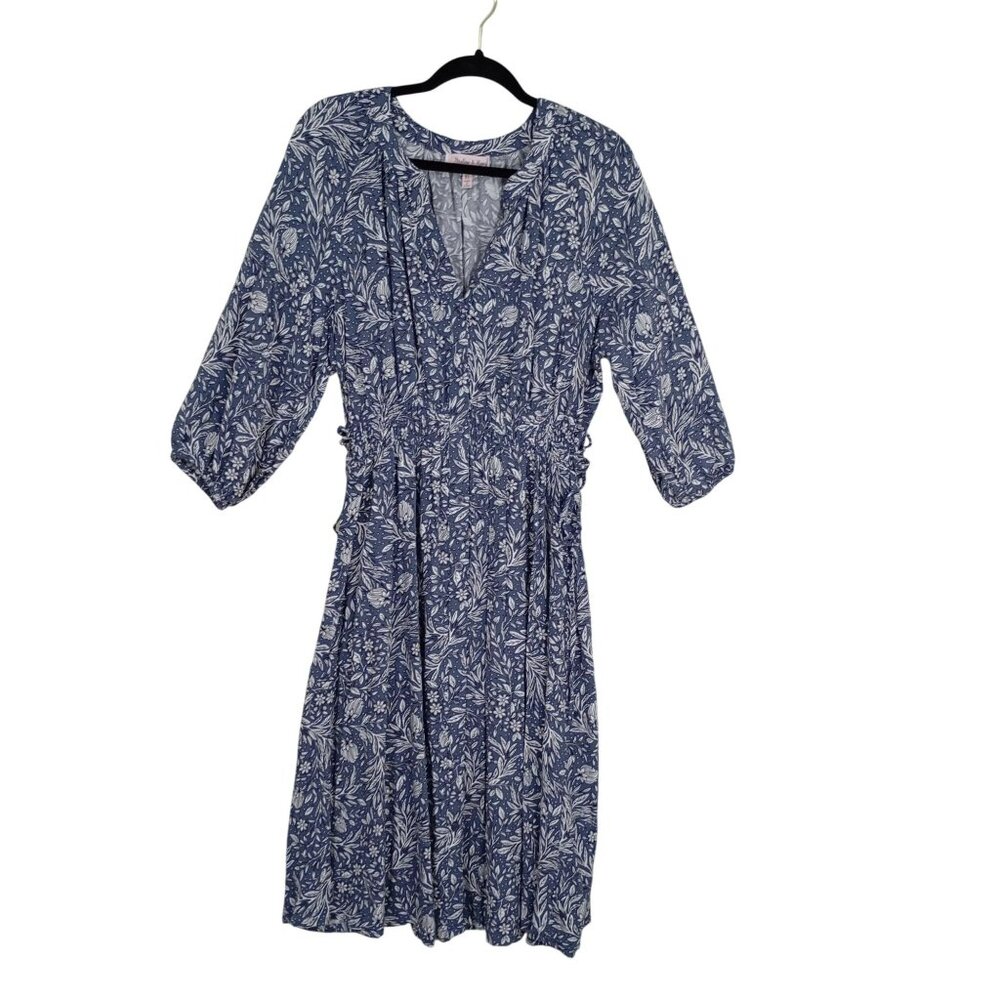 Harlow & Rose Blue Floral Midi Dress XL With 3/4 Sleeves & Adjustable Side Ties